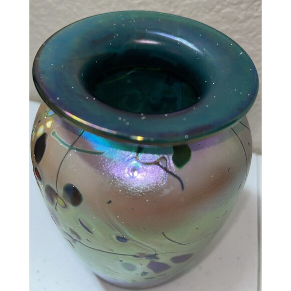 Rick Hunter ? Studio Art Glass 6 Inch Vase Abstract Design Iridescent Dated 2012 - Picture 9 of 16